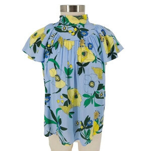 INC Shirt Blue Mabel Bouquet Floral Flutter Short Sleeve Tie Top Petite